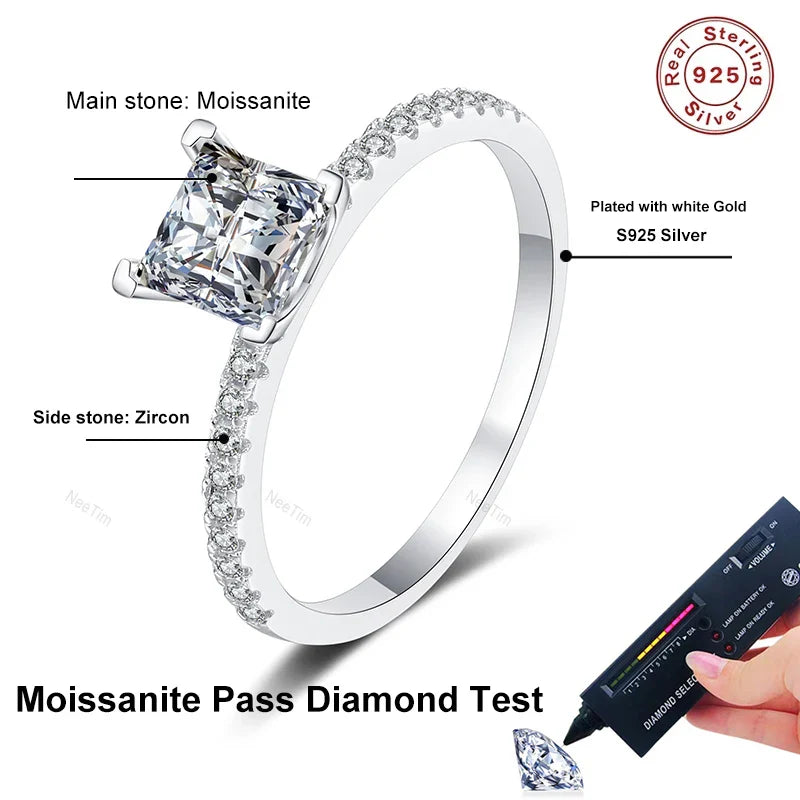 NeeTim 1ct 2ct Princess Moissanite Engagement Ring for Women D VVS1 Diamond Proposal Bridal Rings Sterling Silver Wedding Band Vera Lux