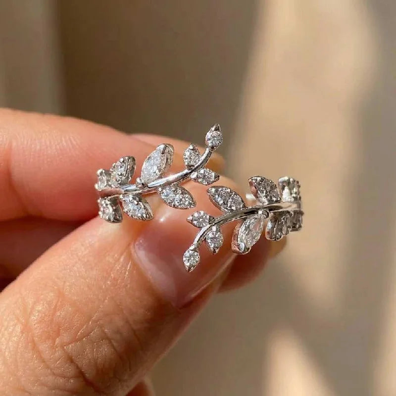 925 Sterling Silver Fashion Zircon Leaf Adjustable Rings for Women Gift Party High Quality stylish Fine Jewelry Hot Sales Vera Lux