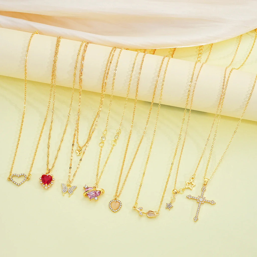 8 Pcs Simple Temperament Necklace Set For Women Elegant Gold Color Crystal Butterfly Cross Rose Heart Star Pendant Necklaces Vera Lux