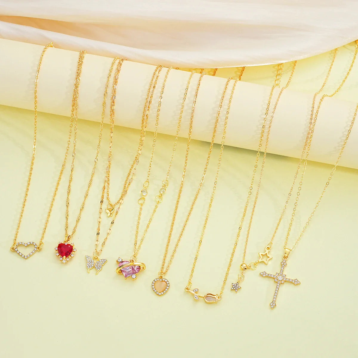 8 Pcs Simple Temperament Necklace Set For Women Elegant Gold Color Crystal Butterfly Cross Rose Heart Star Pendant Necklaces Vera Lux