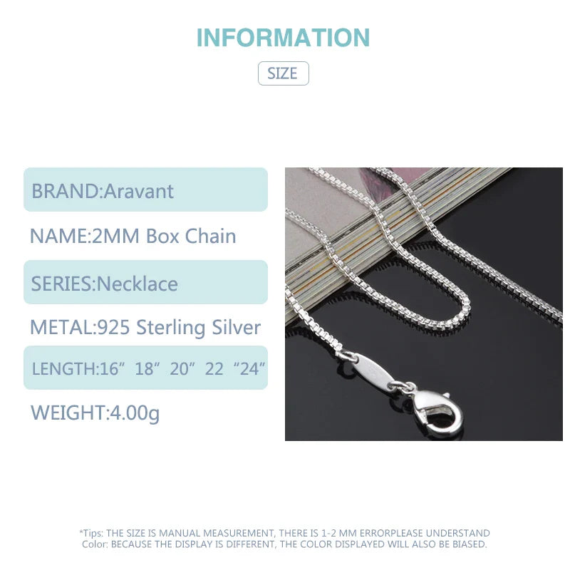 Aravant 925 Silver 2MM Box Chain Necklace Women Wedding Party Jewelry Vera Lux