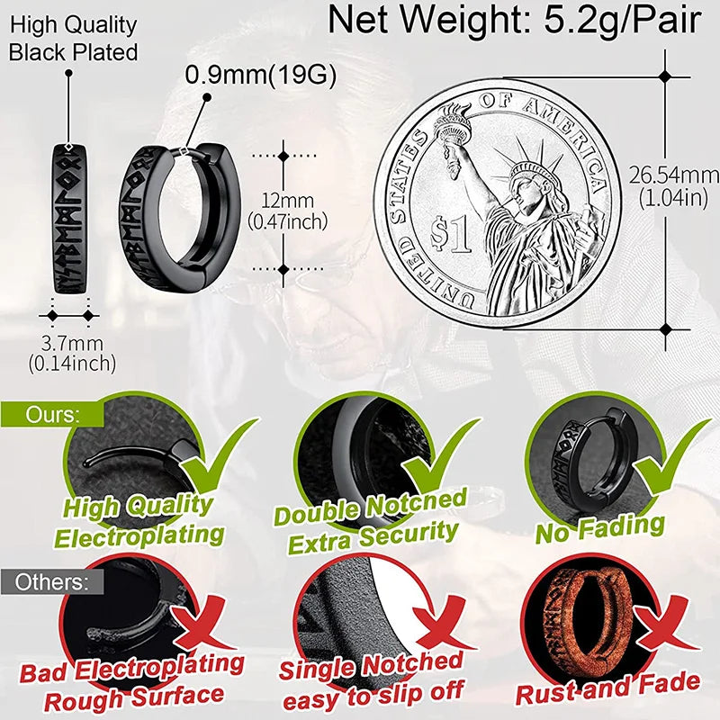 Stainless Steel Norwegian Viking Rune Hoop Earrings For Men Woman Unisex 12 Mm Huggie Hoop Religious Earring Jewelry Vera Lux