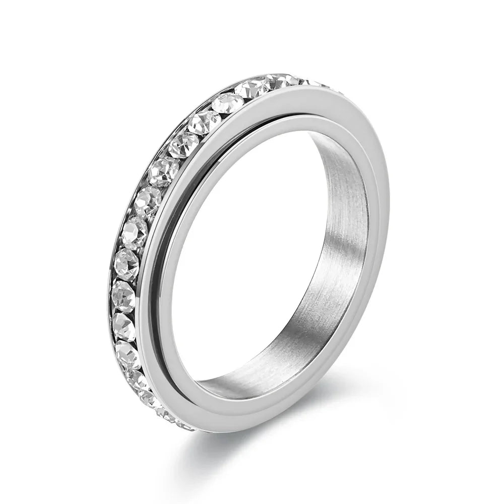 4MM Stainless Steel Spinner Finger Rings For Women Crystal Rotatable Wedding Ring Men Fashion Anniversary Party Jewelry Vera Lux