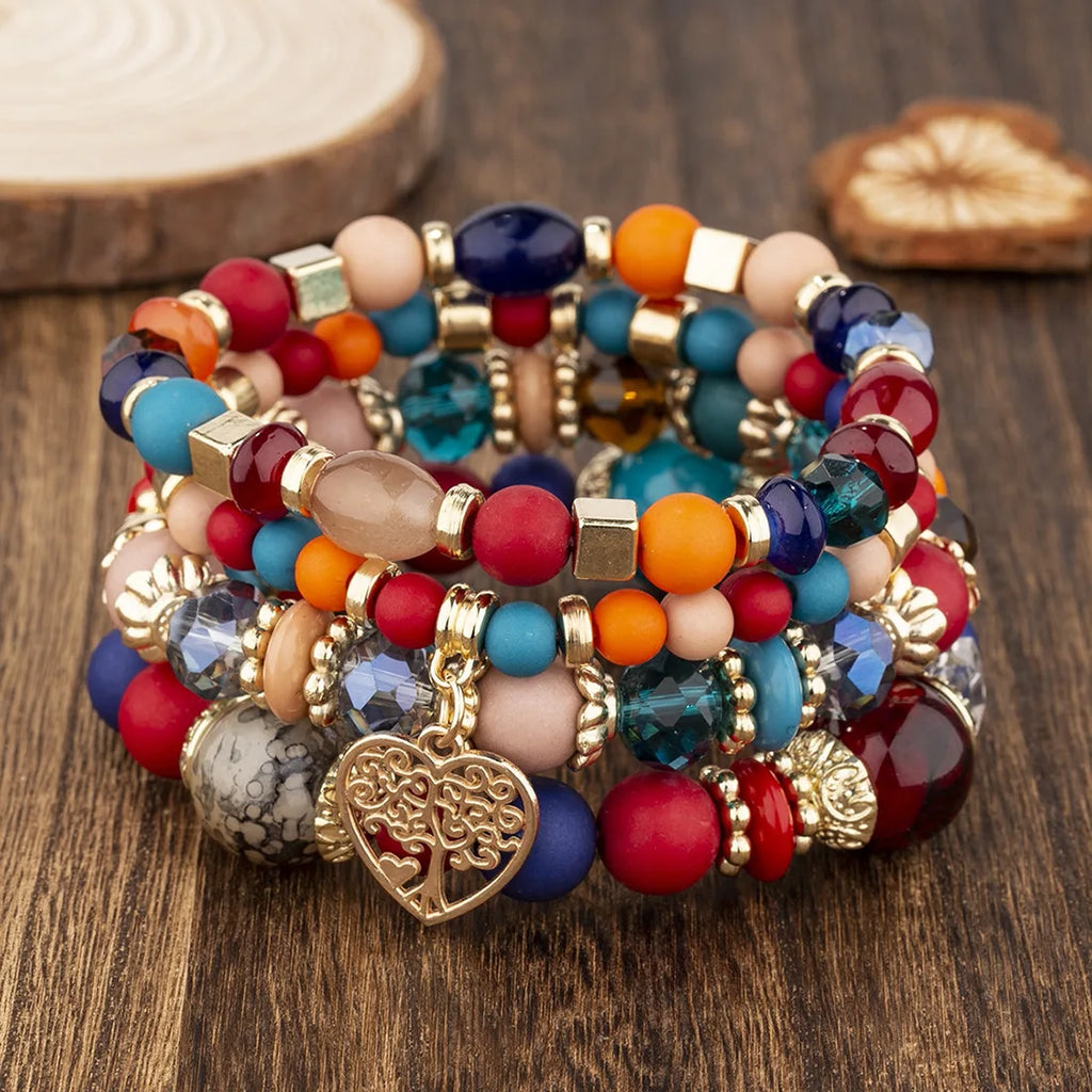 4Pcs Tree of Life Heart Bracelet Set For Women Acrylic Glass Beads Chain Elastic Bangle Female Fashion Party Jewelry Vera Lux