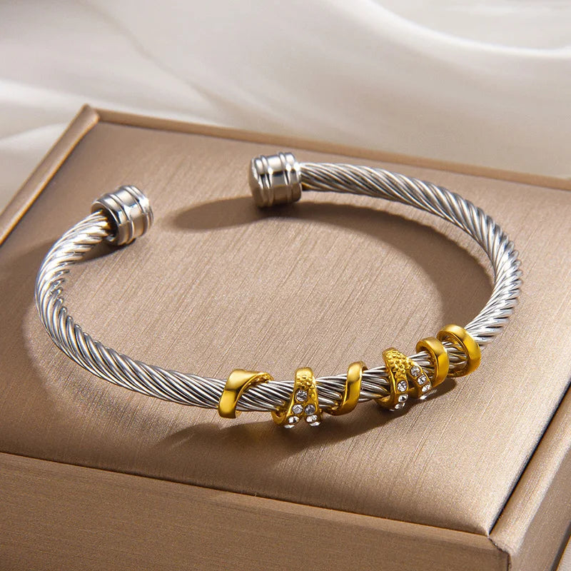 1pcs Stainless Steel Gold-plated Bangle Trendy Retro Hip-hop Style Bracelet Fried Dough Twists Steel Wire Rope Colorfast Bangle Vera Lux