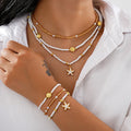 6Pcs/Set Rice Beaded Shell Starfish Pendant Necklace Bracelets Bohemian Elegant Gold White Color Jewelry Set Holiday Accessories Vera Lux