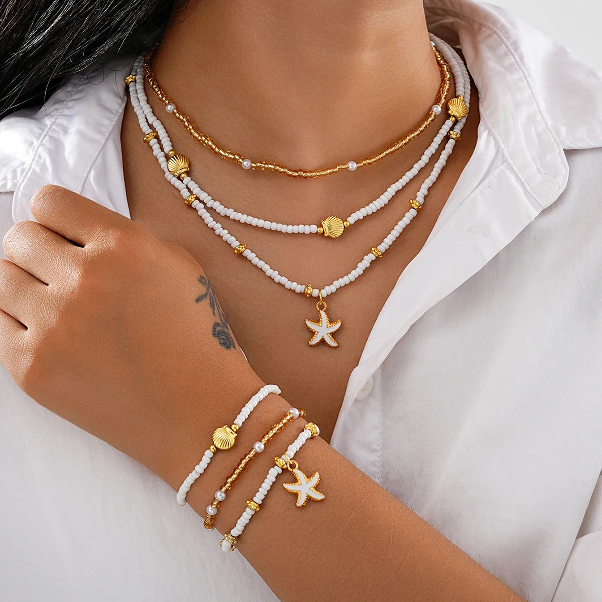 6Pcs/Set Rice Beaded Shell Starfish Pendant Necklace Bracelets Bohemian Elegant Gold White Color Jewelry Set Holiday Accessories Vera Lux
