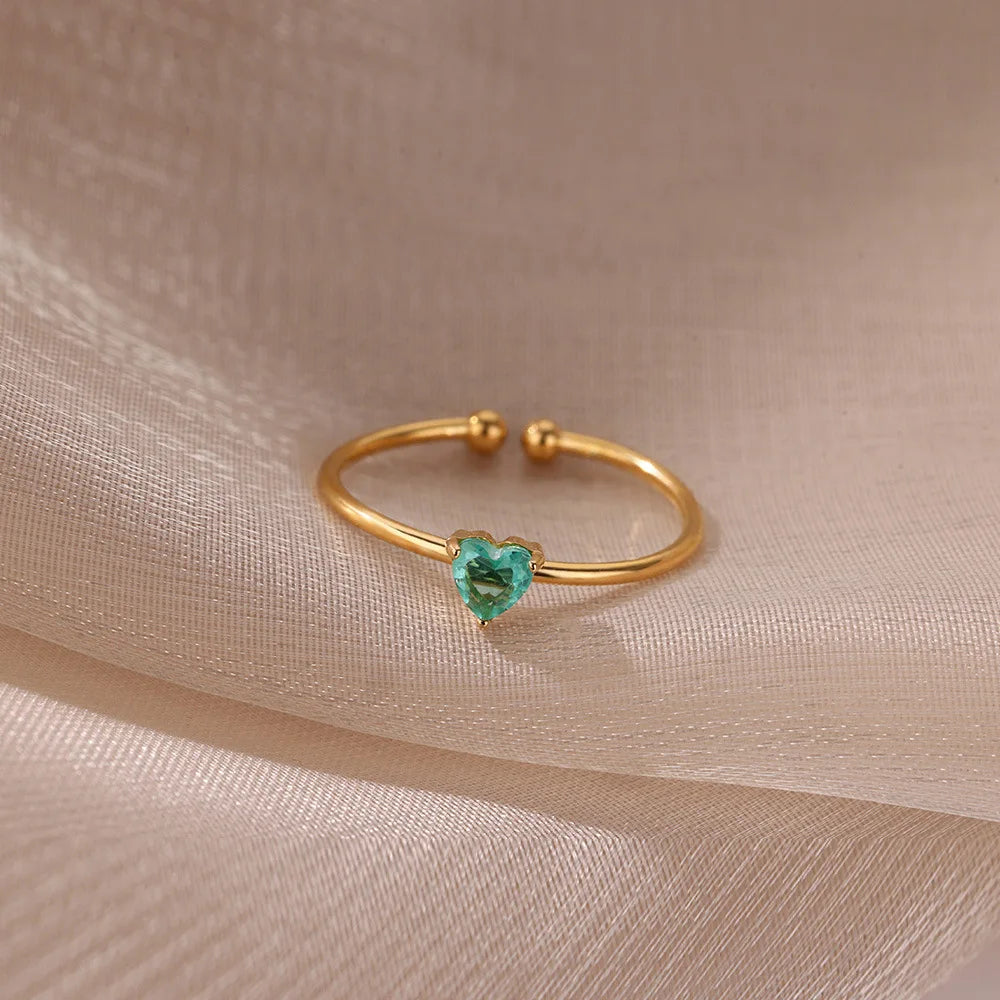 Stainless Steel Birthstone Open Rings for Women Fashion 12-color Crystal Zircon Heart Ring Birthday Aesthetic Jewelry Gift Vera Lux