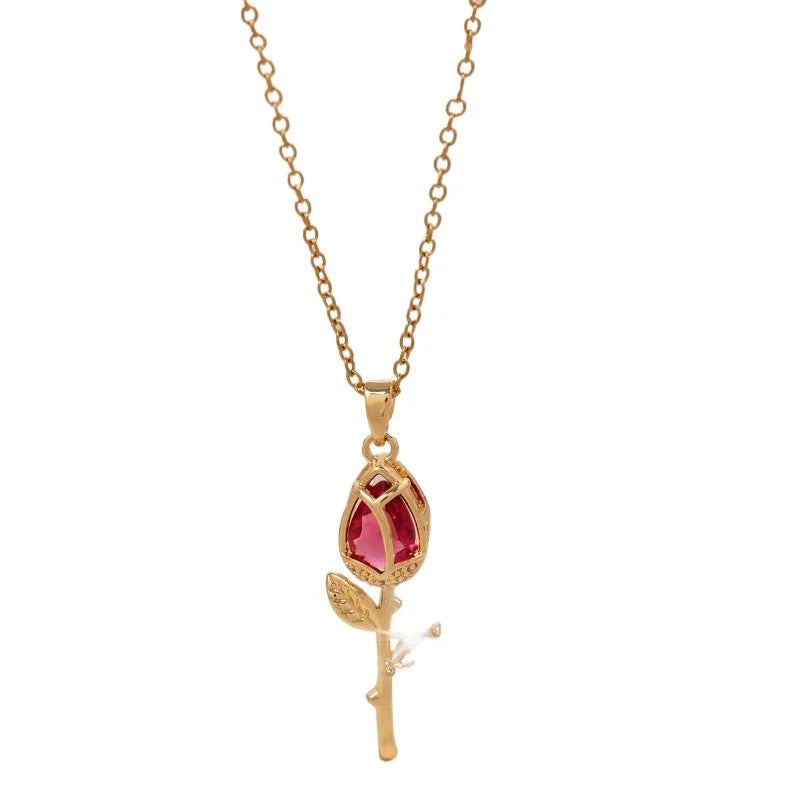 1 Piece Women's Red Zirconia Tulip Rose Pendant Necklace Copper Pendant Stainless Steel Chain Versatile Valentine's Day Gift Vera Lux