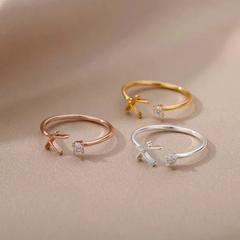 A-Z Initial Letter Open Rings for Women Stainless Steel Gold Color Zircon Adjustable Ring Trendy Couple Wedding Jewelry Gift Vera Lux