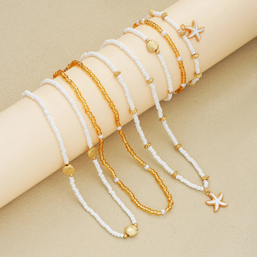 6Pcs/Set Rice Beaded Shell Starfish Pendant Necklace Bracelets Bohemian Elegant Gold White Color Jewelry Set Holiday Accessories Vera Lux