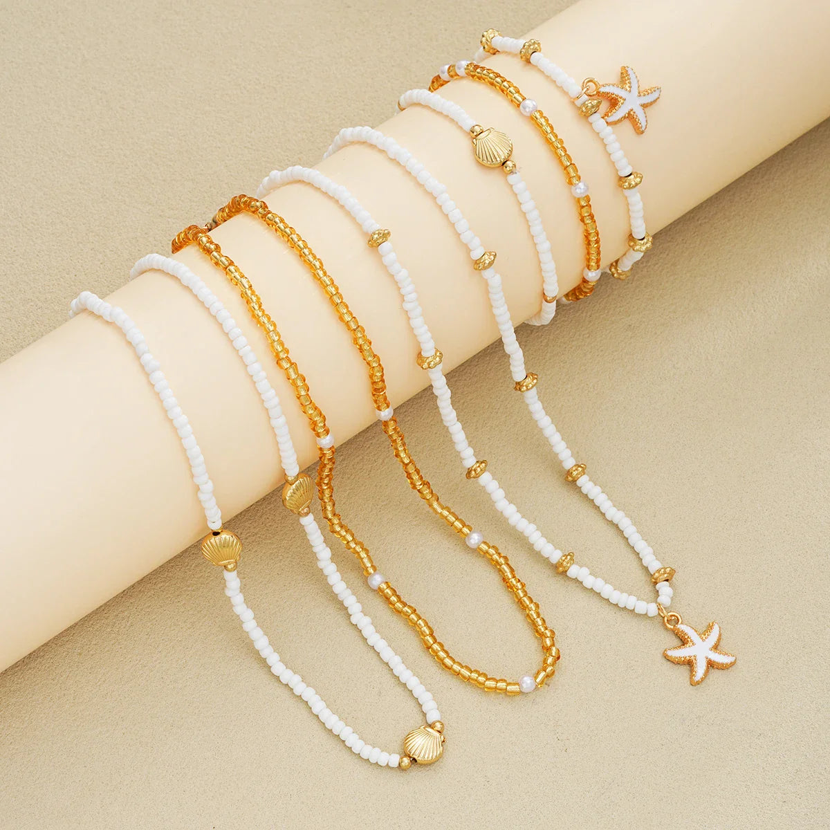 6Pcs/Set Rice Beaded Shell Starfish Pendant Necklace Bracelets Bohemian Elegant Gold White Color Jewelry Set Holiday Accessories Vera Lux