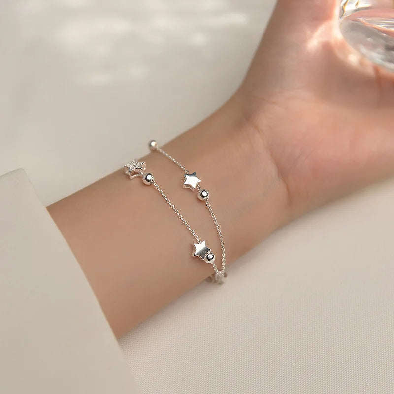 VENTFILLE 925 Stamp Silver Color Star Bracelet Fashion Korean Five-pointed Stars Crystal Double Bracelet Dropshipping Wholesale Vera Lux