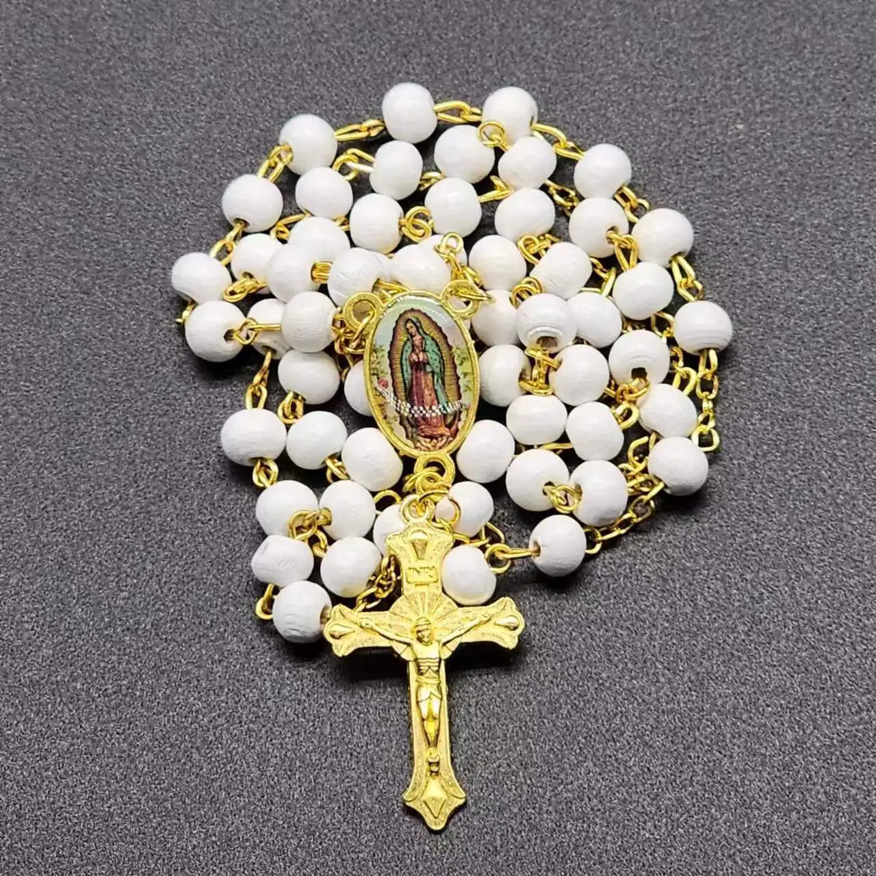 White Wooden Rosary Necklace For Women Crucifix Cross Pendant Long Chain Necklace Men  Religious Catholic Prayer Jewelry Vera Lux