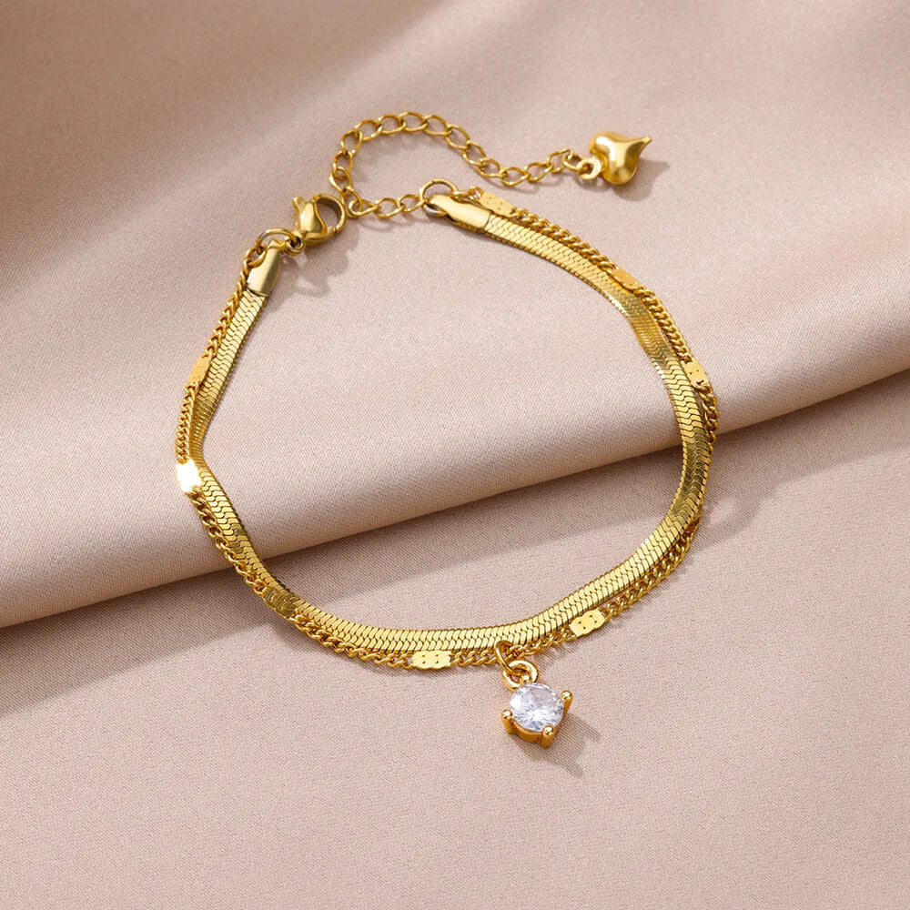 Zircon Circle Bead Anklets For Women Gold Color Stainless Steel Anklet Double Snake Chain Summer Beach Accessories Jewelry Gift Vera Lux
