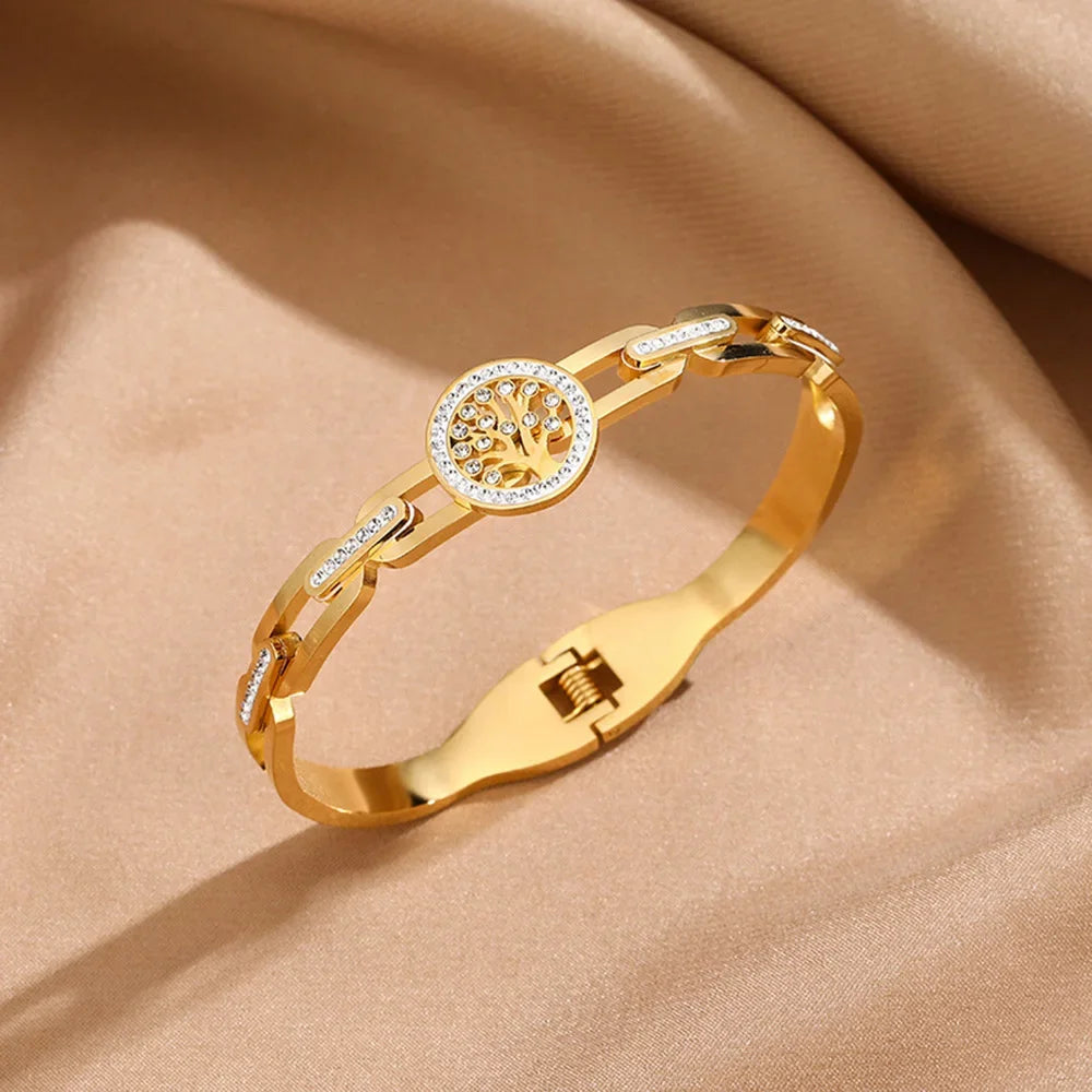 Luxury Stainless Steel Tree of Life Bracelet For Women Men Golden Cubic Zircon No Fade Color Lucky Cuff Bangle Jewelry Vera Lux