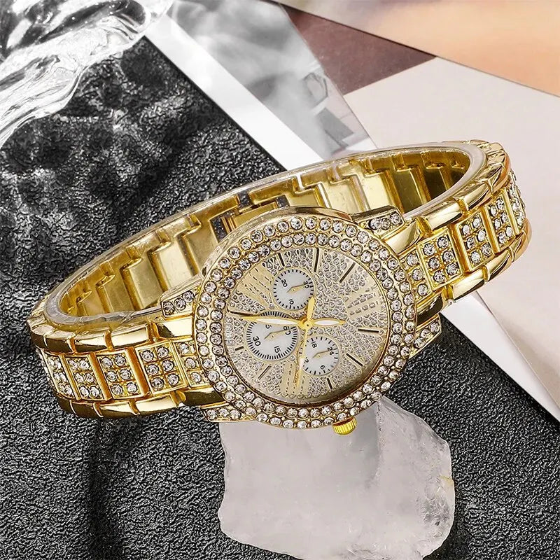 Women's Quartz Watch Gold Luxury Women Ring Necklace Earring Rhinestone Fashion Wristwatch Casual Ladies Watches Jewelry Set Vera Lux