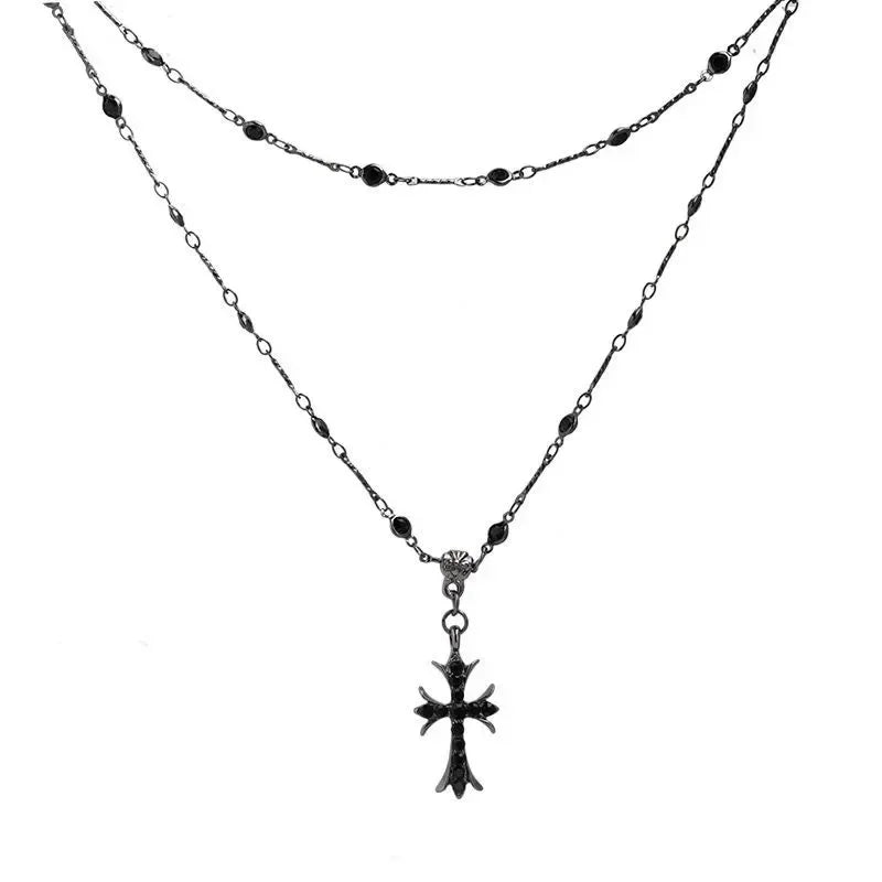 Summer Black Rhinestone Cross Jesus Pendant Choker Necklace for Women Punk Vintage Double Layers Chain 2024 Neck Boho Jewelry Femstylo