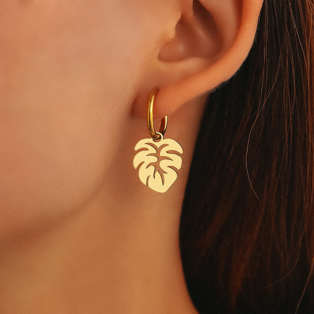 Stainless Steel Earrings Bohemian Tropical Plant Leaves Pendants Retro Glossy Aesthetic Hoop Earrings For Women Jewelry Girl New Vera Lux