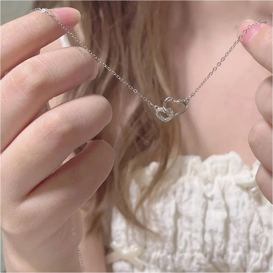 New Fashion Simple Silver Color Love Heart Pendant Necklace Charm Chain Collares Necklace for Women Party Jewelry Daily Wear Vera Lux