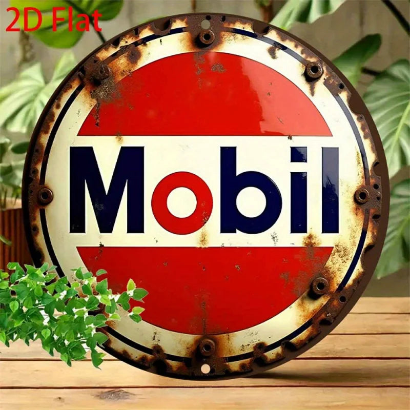 2D Flat 1pc Round - Retro Aluminum Tin Sign - Vintage "Mobil" Gasoline Plaque, 8x8 Inch, Rustic Wall Art for Home Perfecsy