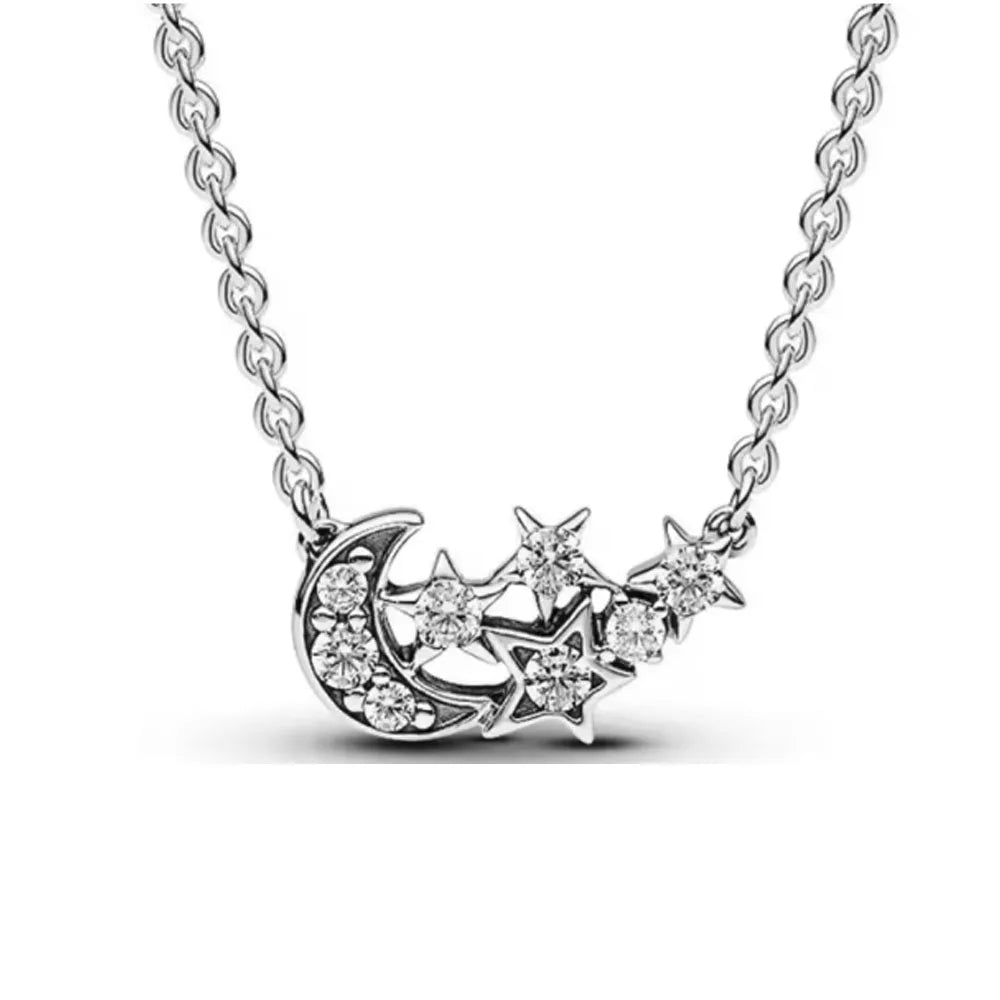 925 Sterling Silver Golden Moon Star Bow Necklace Fit Original Bracelet For Women DIY Fashion Jewelry Making Vera Lux