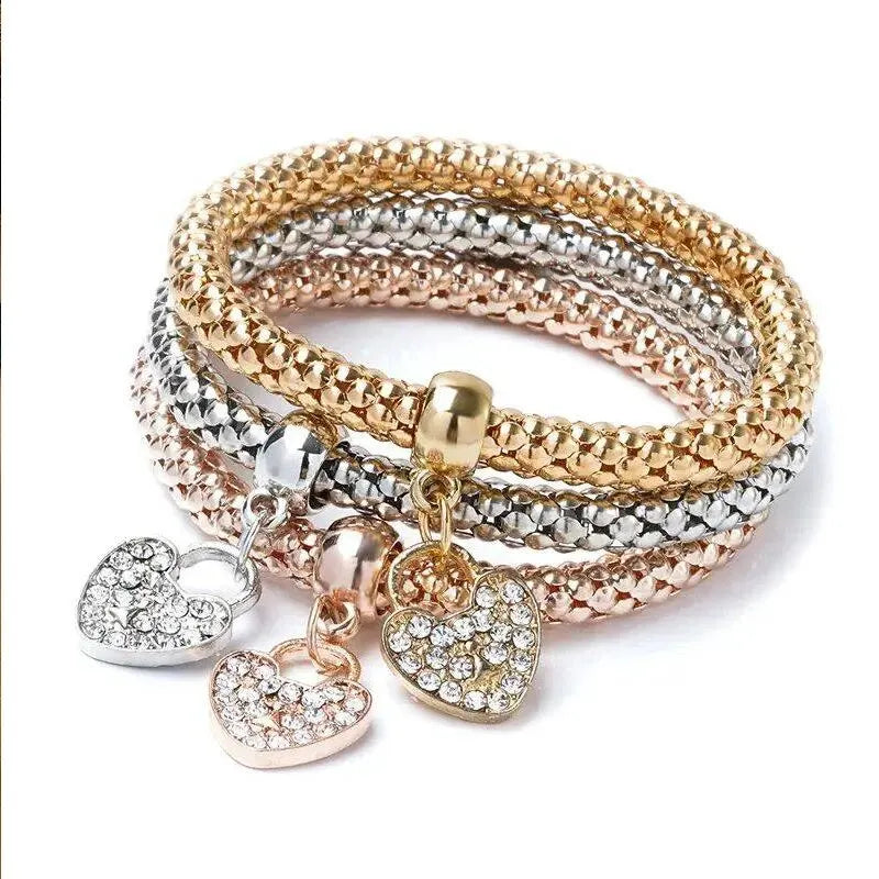 3 PCS Set Heart Lock Key Music Sign Charm Bracelet Owl Rose Gold Plating Silver Color Chain Owm Charm Bangle Jewelry Set Vera Lux