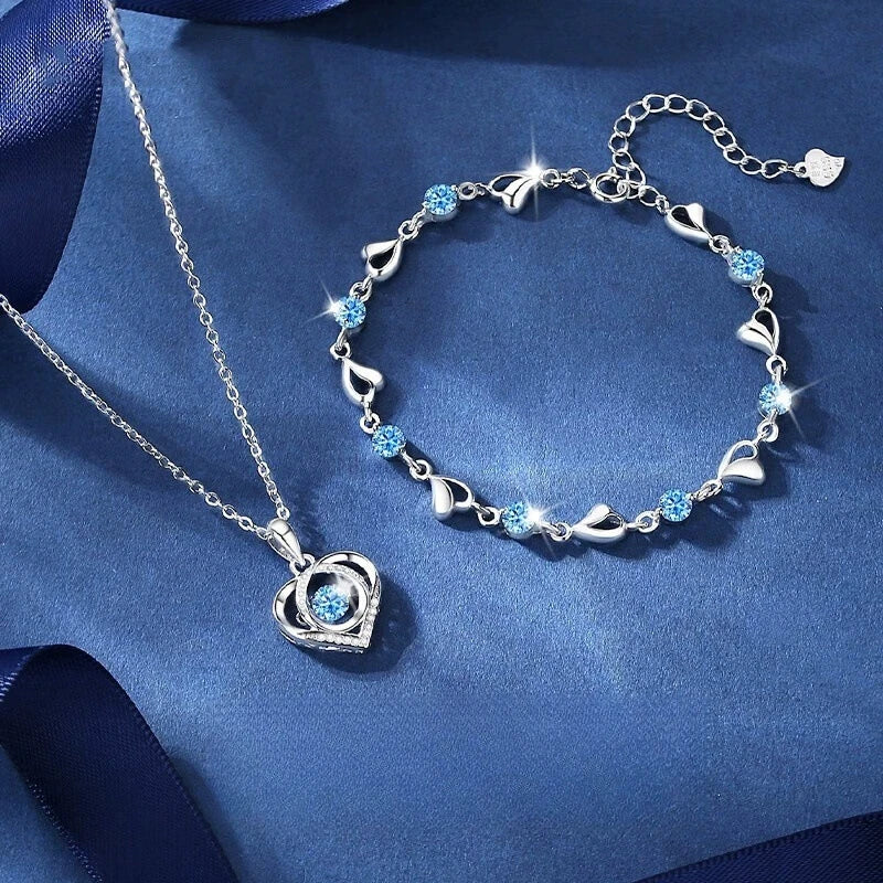 925 Sterling Silver Heart Shaped Necklace Bracelet Set for Women Vintage Korean Blue Crystal Bracelets Jewelry Set Party Jewelry Vera Lux
