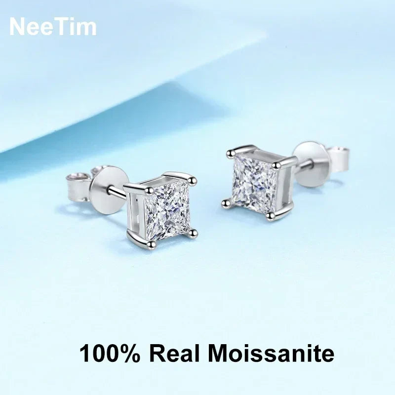 NeeTim 1ct 2ct Princess Cut Moissanite Earrings s925 Sterling Silver Plated with White Gold Plated Ear Studs for Women Jewelry Vera Lux