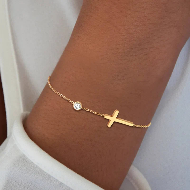 Birthstone Zirconia Thin Chain Link Cross Bracelet Stainless Steel Women's Adjustable Link Stacked Layered Chain Bracelets Vera Lux