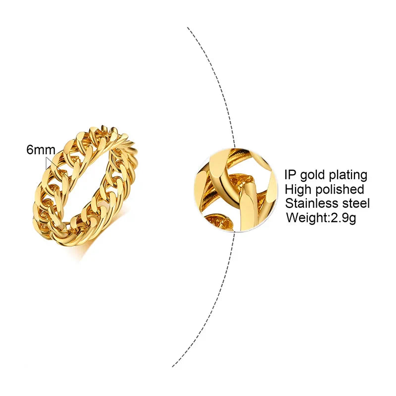 6mm Thick Chunky Chain Ring Cuban Curb Link Stainless Steel Stylish Ring for Women Girls Vera Lux