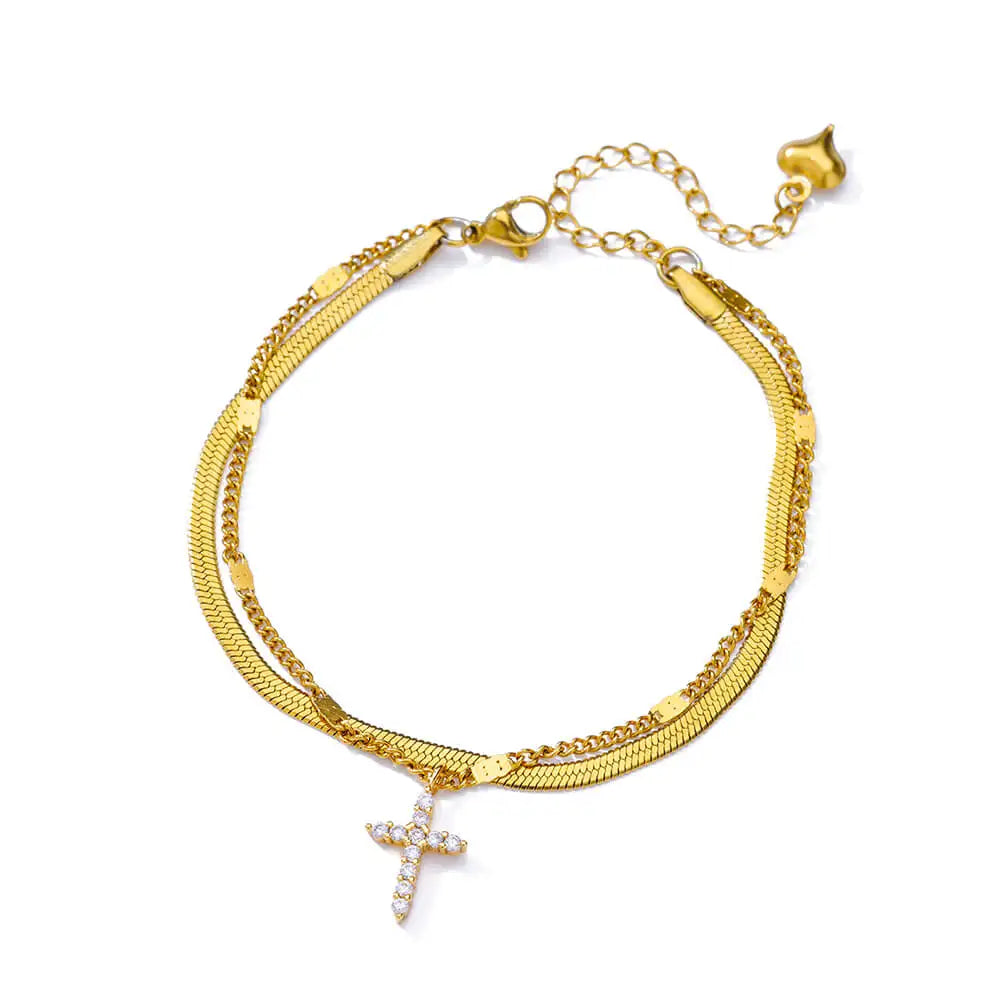 Zircon Cross Anklets For Women Gold Color Stainless Steel Cross Anklet Double Chain Summer Beach Party Jewelry Gift Accessories Vera Lux