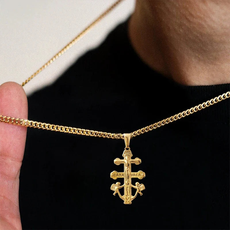 Caravaca De La Cruz Crucifix Pendant Christian Angels and Christ in Relief Stainless Steel Caravaca Cross Charms DIY Accessories Vera Lux