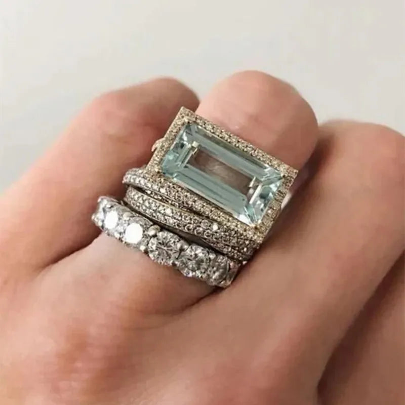 2025 New Fashion Three Piece Set Blue Square Zircon Rings For Women Party Idea Gifts Custom Jewelry Vera Lux