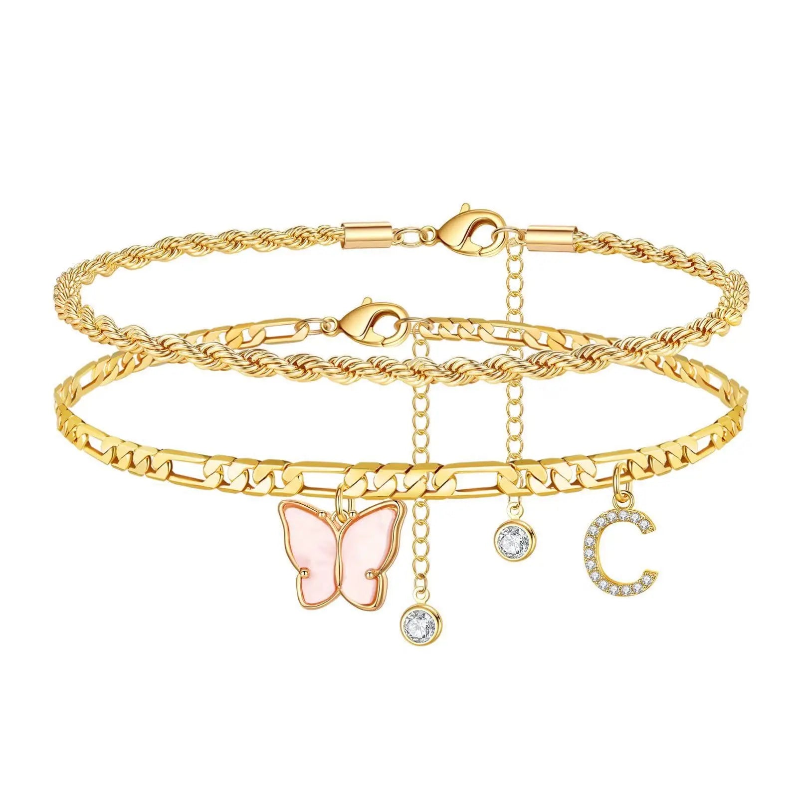 2Pcs Stainless Steel Initial Anklet Set For Women 26 Letter Acrylic Butterfly Charm Chain On Foot Summer Ankle Bracelet Jewelry Vera Lux