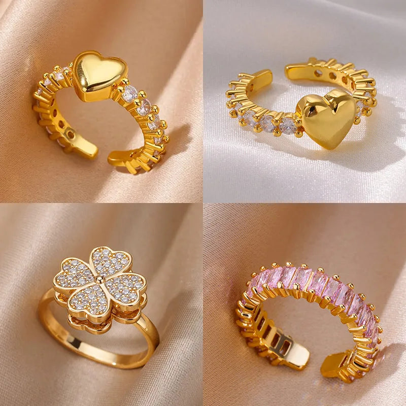 Zircon Tiny Heart Rings For Women Gold Color  Stainless Steel Opening Heart  Finger Femme Wedding Party Jewelry Gift 2024 Vera Lux