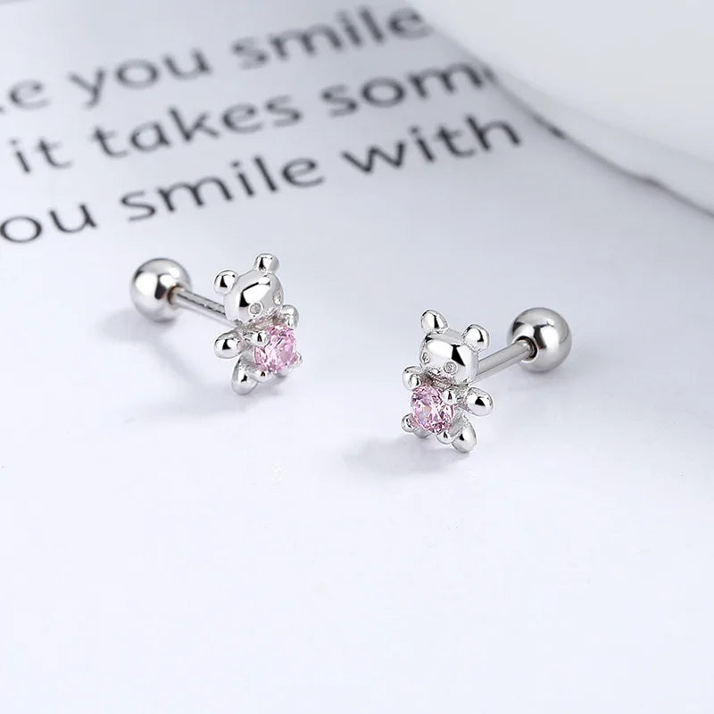 925 Sterling Silver Adorable Bear Ear Studs Screw-On Ear Plugs Stylish Ear Jewelry Exquisite Gift Vera Lux