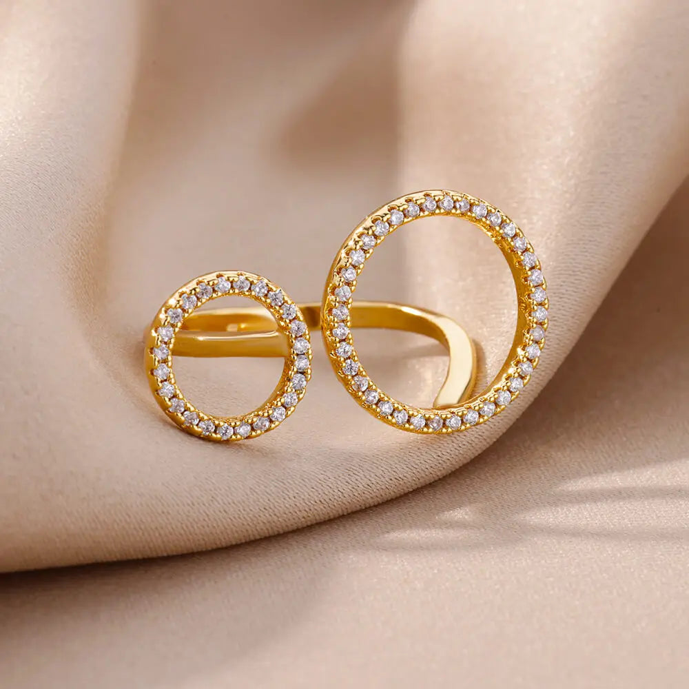 Zircon Double Circle Rings For Women Stainless Steel Adjustable Geometric Circle Ring Wedding Party Aesthetic Jewerly Gift femme Vera Lux