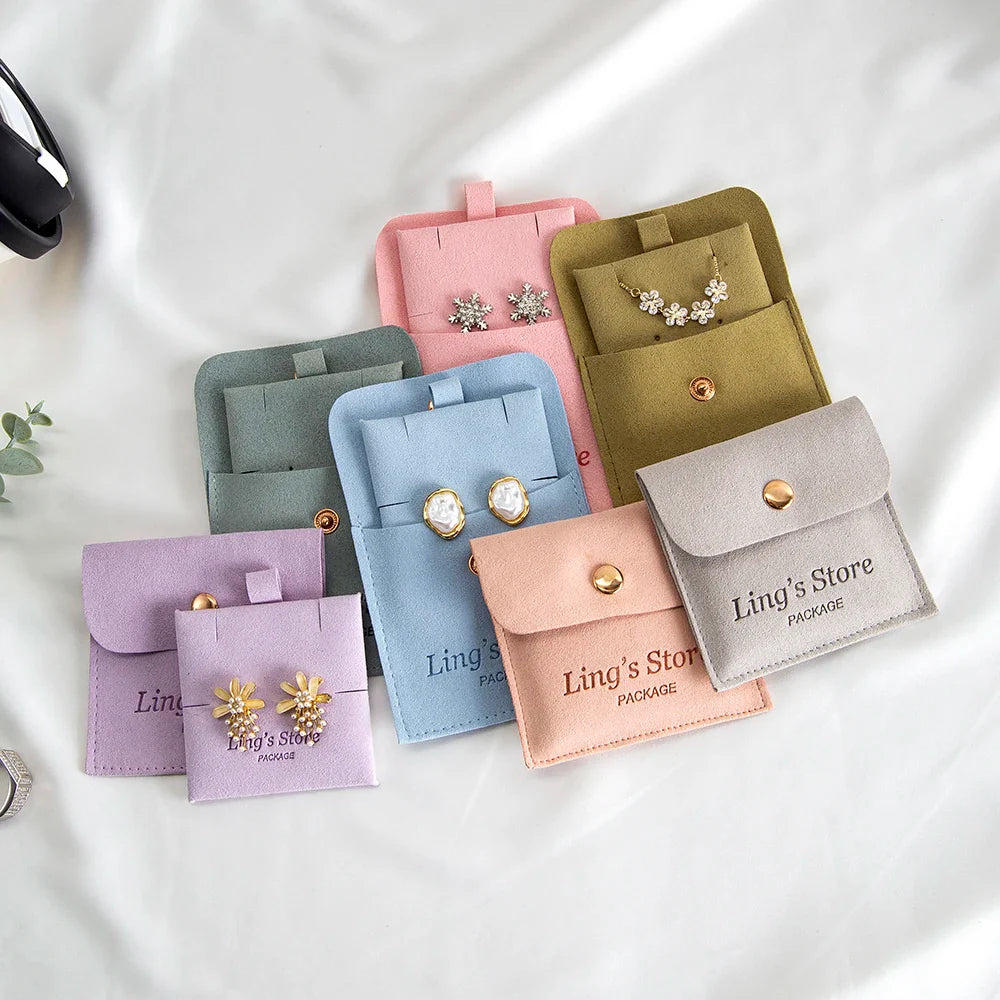 20/50/100Sets Personalized Logo Jewelry Microfiber Snap Bag 8x8cm Button Pouch Insert Luxury 6x6cm Cards Can Debossed Print Name Vera Lux