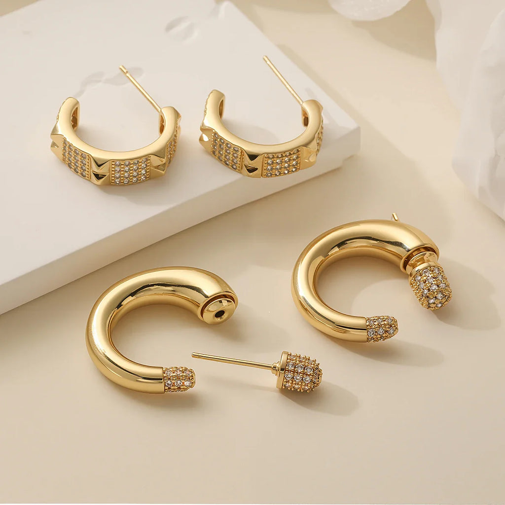 NEWBUY 2025 New Fashion Gold Color Unique Design C Shape Stud Earrings For Elegant Women Shiny AAA CZ Inlay Wedding Jewelry Vera Lux