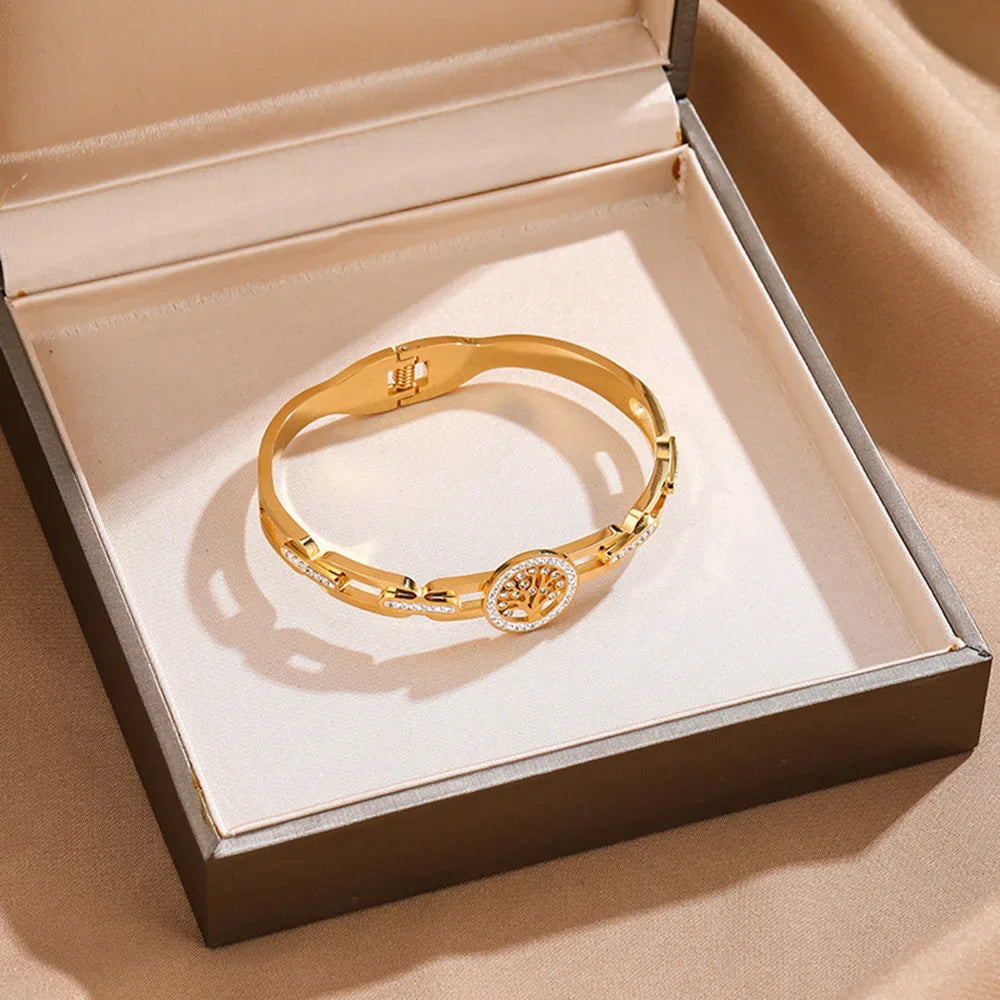Luxury Stainless Steel Tree of Life Bracelet For Women Men Golden Cubic Zircon No Fade Color Lucky Cuff Bangle Jewelry Vera Lux