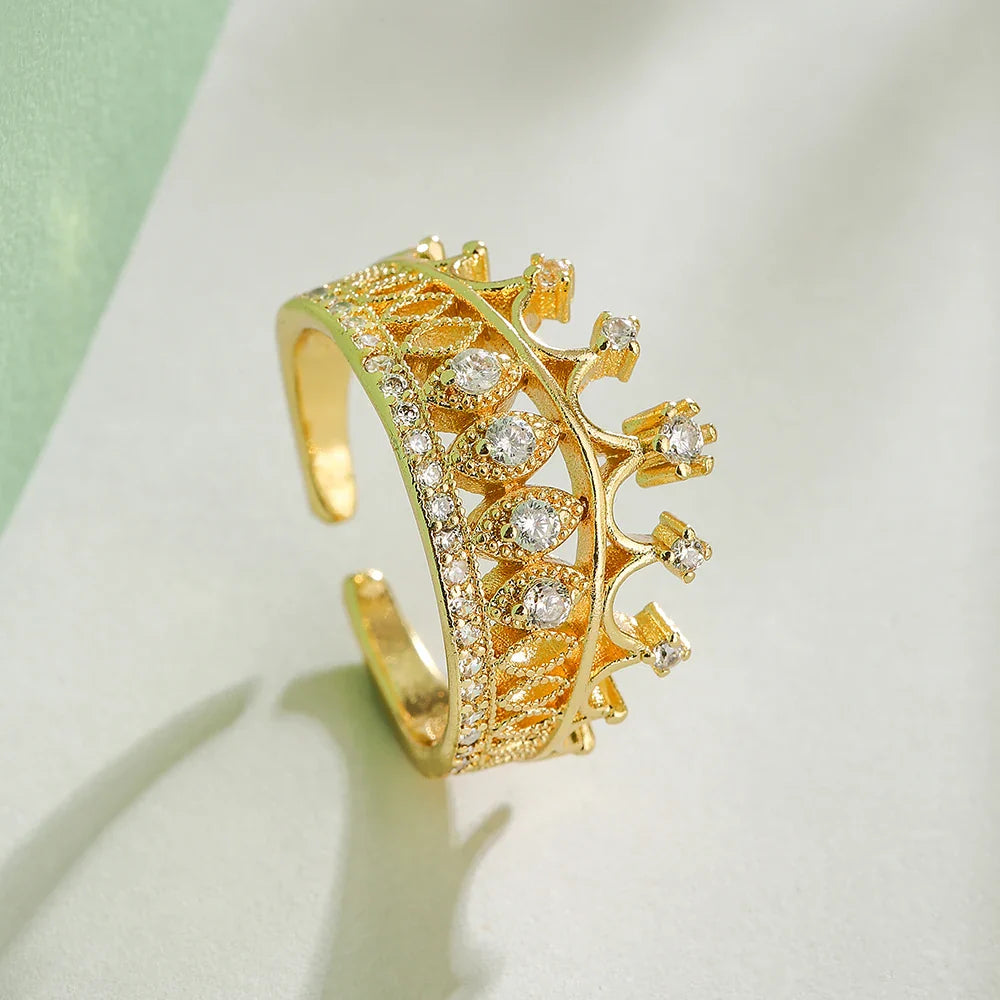 NEWBUY 2025 Trendy Gold Color Crown Charm Finger Rings Open Design Adjustable Shiny CZ Zircon Wedding Jewelry Female Vera Lux