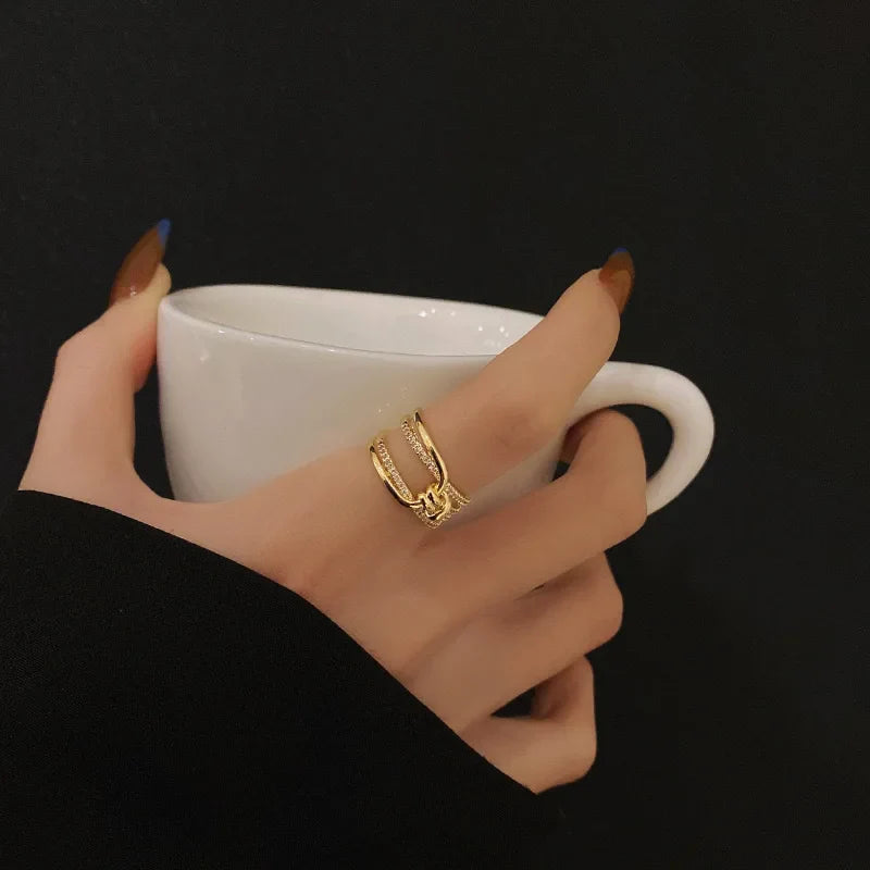 Luxury Double Layers Zircon Rings for Women Gold Plated Opening Stainless Steel Ring Trend Aesthetic Party Wedding Jewelry Vera Lux
