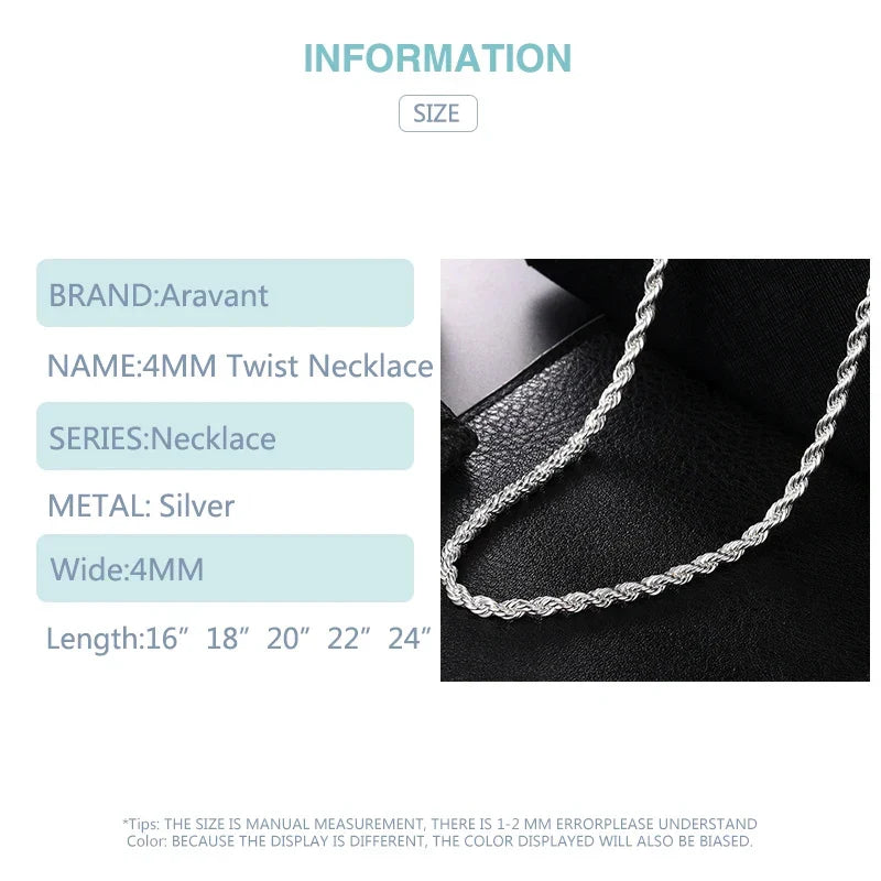 Aravant 925 Silver 4MM Twist Snake Chain Necklace For Women Fashion Jewelry Vera Lux