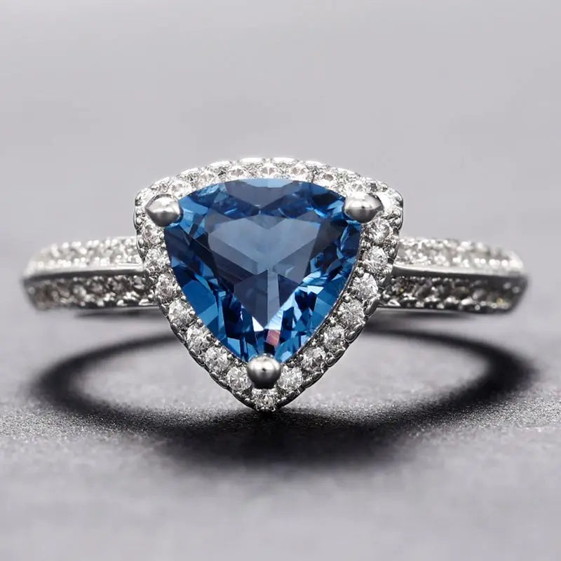 925 Sterling Silver Luxury Dark Blue Zircon Triangle Rings for Women Fashion Classic Engagement Wedding Jewelry Anniversary Gift Vera Lux