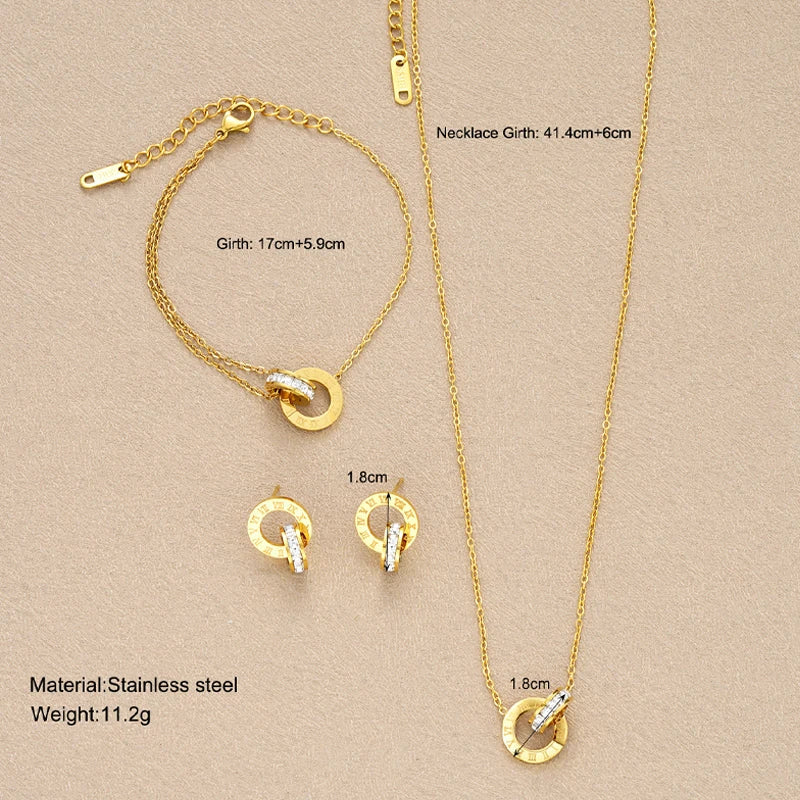 4Pcs/Set Gold Color Stainless Steel Crystal Necklace Bracelet Earrings for Women Interlocking Circles Roman Numbers Jewelry Sets Vera Lux