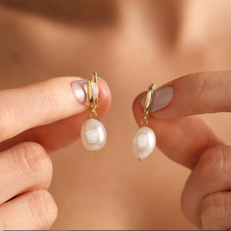 Zircon Natural Pearl Earrings For Women Gold Plated Stainless Steel Geometric Hoop Pearl Earring Wedding Bridesmaid Jewelry Gift Vera Lux