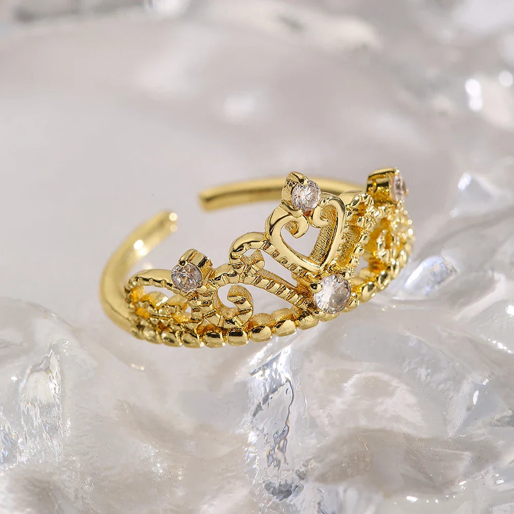 NEWBUY 2025 Trendy Gold Color Crown Charm Finger Rings Open Design Adjustable Shiny CZ Zircon Wedding Jewelry Female Vera Lux
