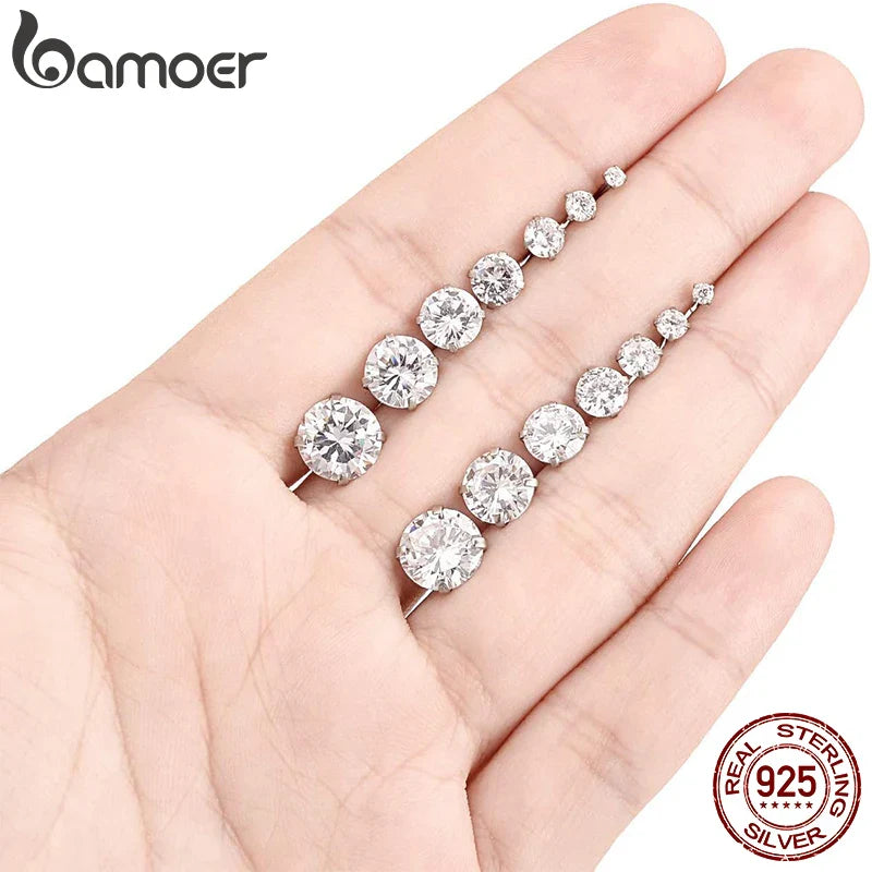 Bamoer CZ Stud Earrings 925 Sterling Silver Platinum Plated Round Cubic Zirconia Hypoallergenic Barbell Earrings 4-7mm Vera Lux