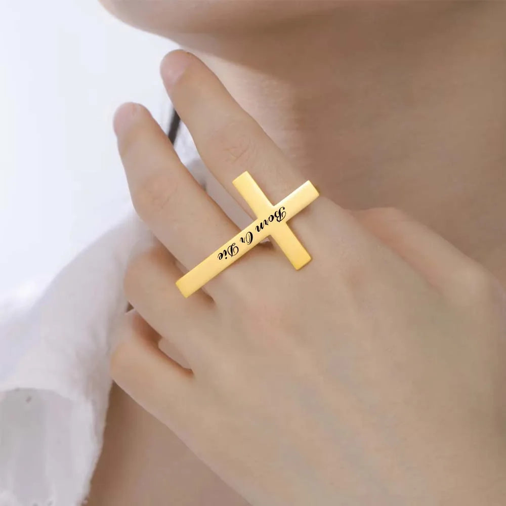 Cross Personalized Name Finger Ring Custom Gift For Woman Men Gold Color Stainless Steel Jesus Christian Amulet Talisman Jewelry Vera Lux